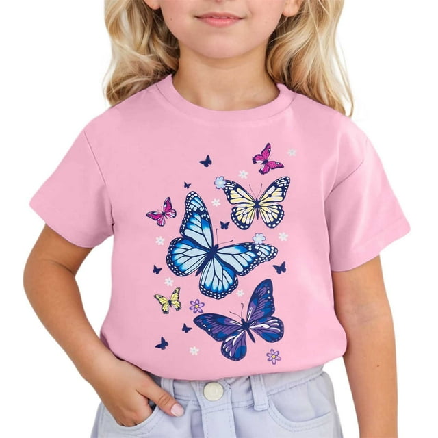 GDREDA Vêtements pour Filles Enfants Mignon Imprimé Manches Courtes Col Rond T-Shirt Manches Courtes Filles Hauts Rose, 6-7 Ans
