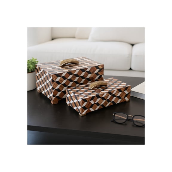 Modern Decorative Boxes with Lid for Storage - Decorative Boxes for Living Room, Bedroom, or Office - Stylish GEO Print Keepsake and Statement Organizer Boxes - Set of 2, 14", Black/Brown