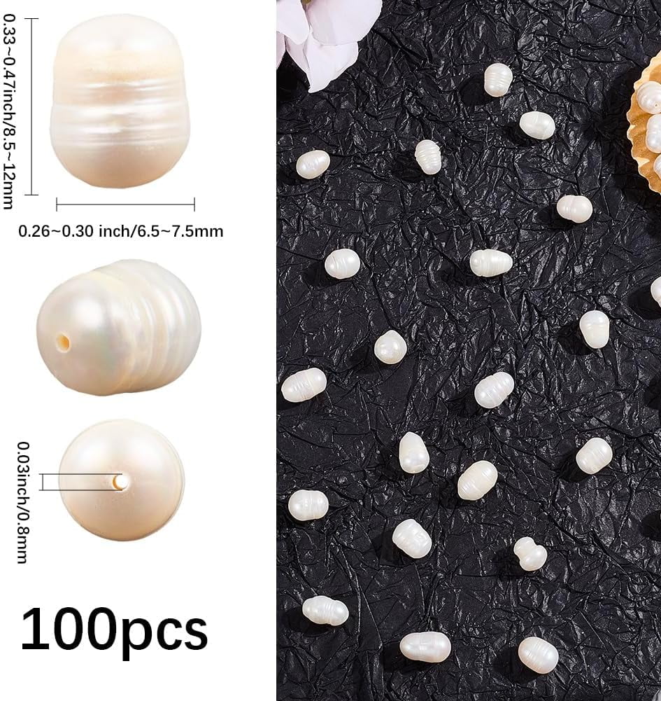 1 Box 100PCS Ivory Baroque Rice Oval Shaped Pearl Beads with Holes Natural Cultured Freshwater Summer Irregular Loose Pearls Bead Bulk for Jewelry Making Bracelets Necklace Diy Craft Supply