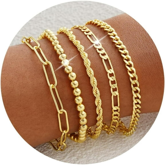 Gold Bracelets for Women, Dainty 14K Gold Plated Stackable Link, Trendy Adjustable Cuban Beaded Gold Chain Bracelet Stack Set