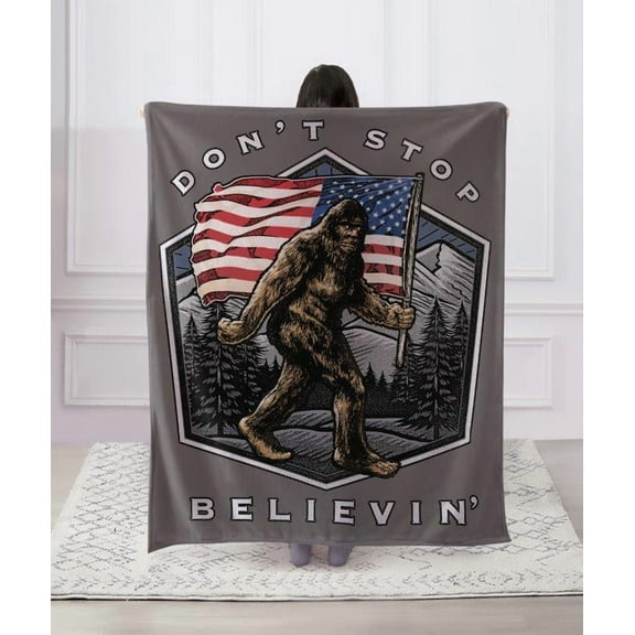 Sasquatch “Don’t Stop Believin’” 50 x 60 Inch Plush Throw Blanket — Bigfoot Patriotic Design