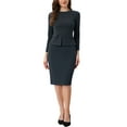 thumbnail image 2 of Vestido de trabajo midi ajustado de peplum para mujer, de cuello redondo, de manga larga, de cintura alta, color gris oscuro, talla L, 2 of 6