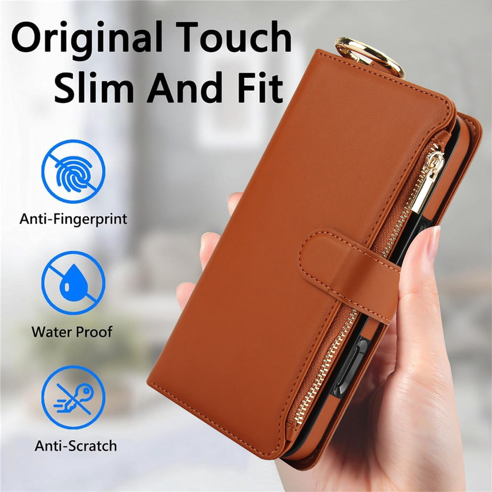 ELEHOLD For iPhone 13 Pro Max Phone Case Leather Crossbody Zipper Card Wallet Flip Case Kickstand Cover, with Ring Holder,Full Body Protection-Brown