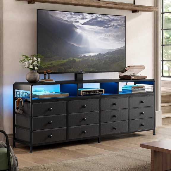 TV Stand with Mount, 67" Entertainment Center for 32-75 inch TVs, Charging Station and LED Light, Media Console Table with 12 Drawers, Dresser TV Stand for Living Room, Black