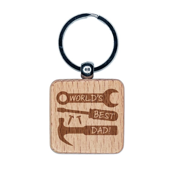 World's Best Dad Tools Father's Day Square Keychain Charm Tag - Engraved Wood