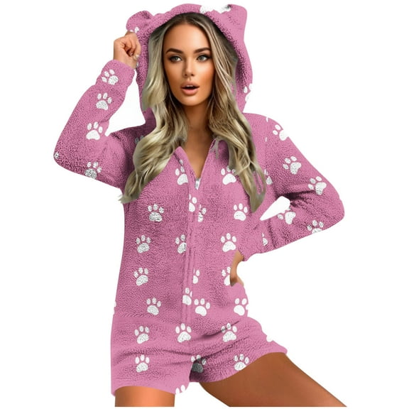 aohooy Onesie Women Graphic Winter Sherpa Plush Shorts Pajamas Hooded Ears Fleece Zipper Sleepwear Long Sleeve Jumpsuit Purple,L