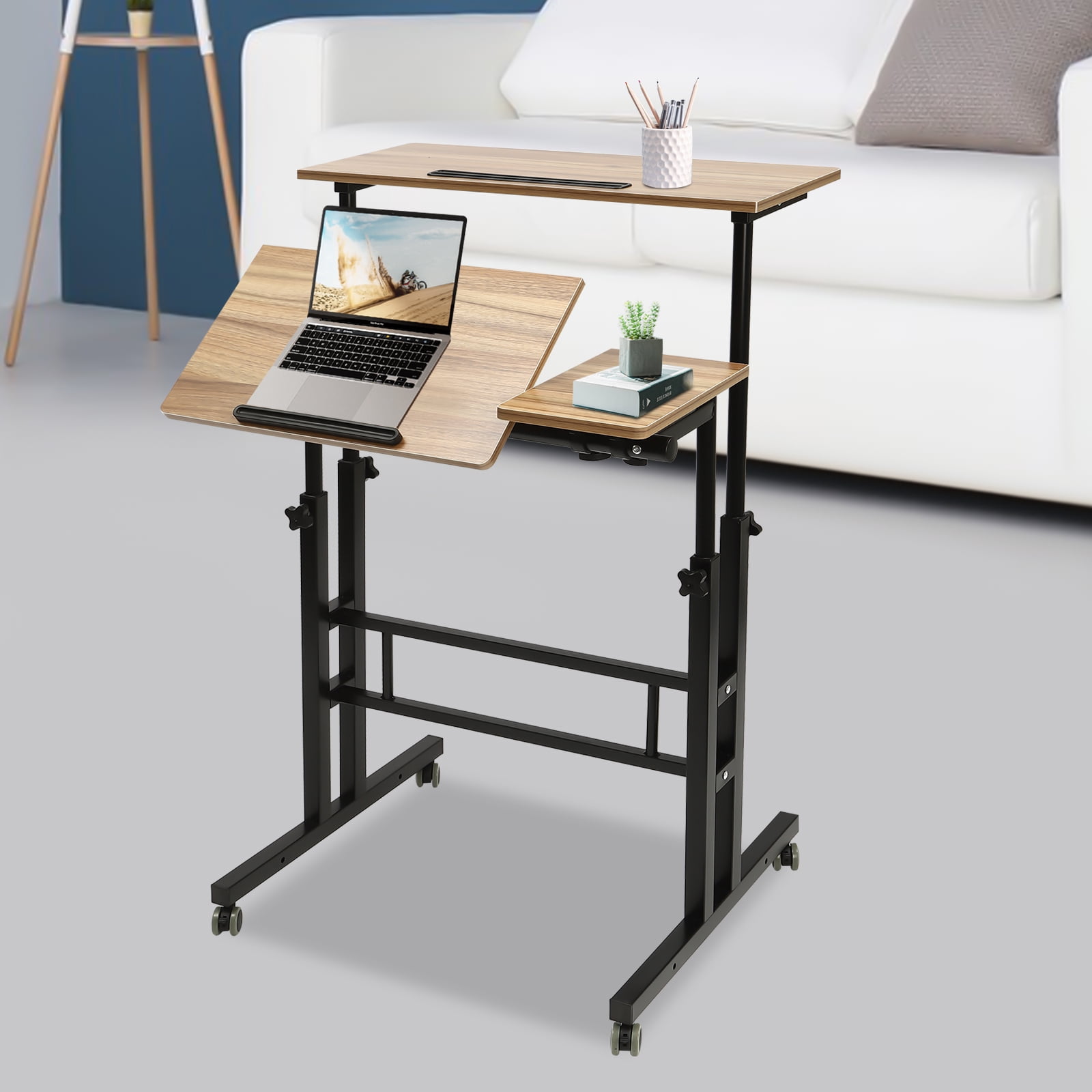 Miumaeov Mobile Stand Up Desk with Height Adjustable Standing Desk with Wheels Portable Rolling Laptop Cart for Home Office Standing or Sitting