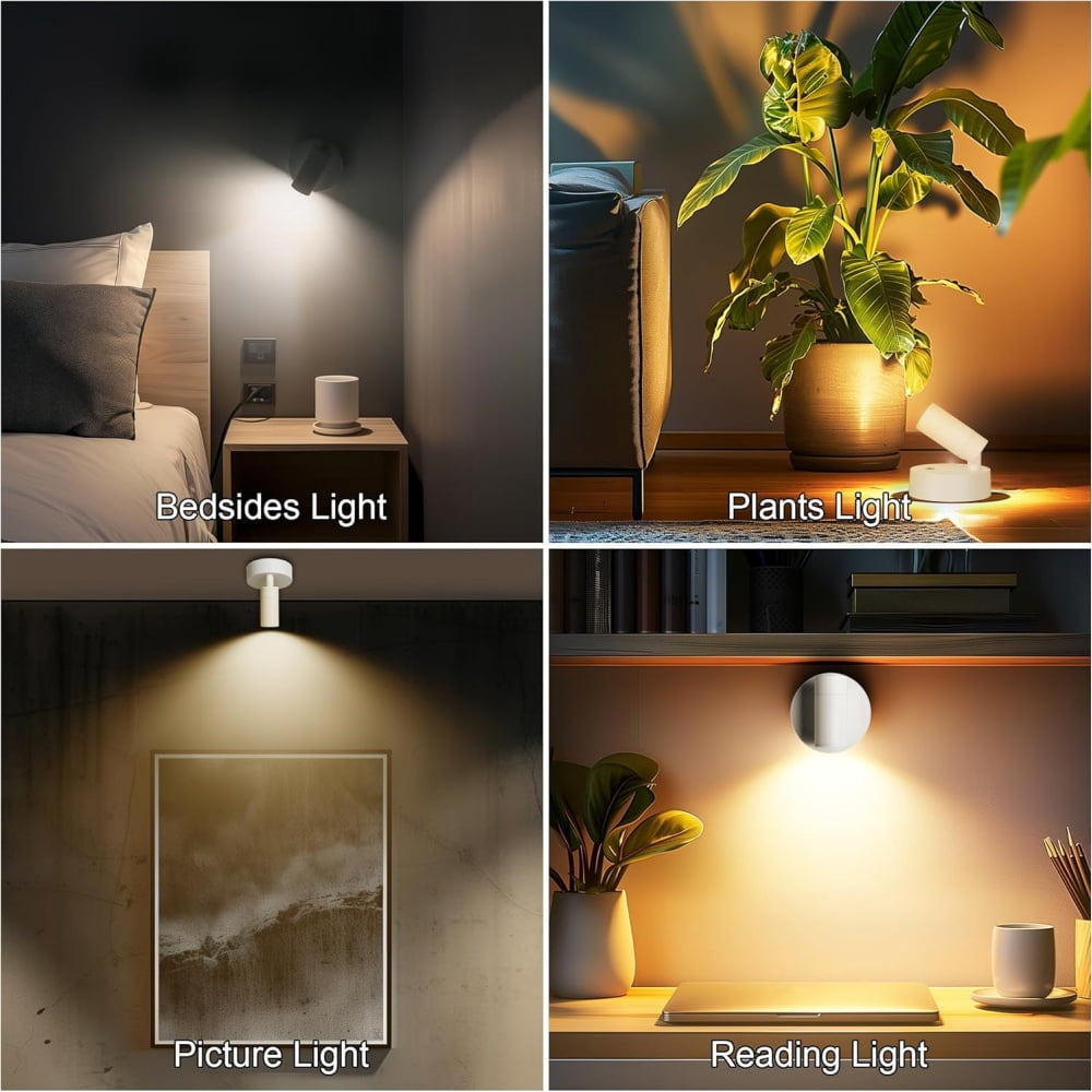 Indoor Wireless LED Spotlight, Indoor Plant Spotlight, Remote Dimmable, 350 ° Rotating, Rechargeable Upward Battery Powered, Ceiling Light for Artwork Painting Plant Picture Light White (4 PCS)