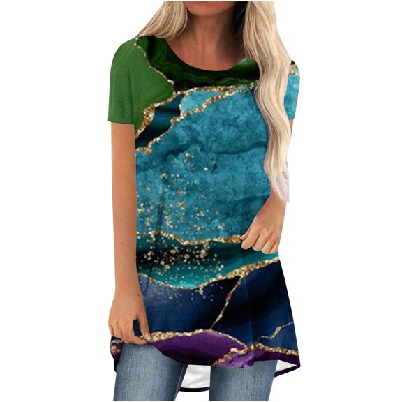 Fesfesfes Athletic Clothes for Women's Summer Round Neck Loose Tops Casual Print Short Sleeve Blouse Womens Short Sleeve Tops 6(M)