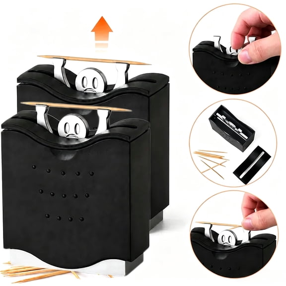 2-Pack Decorative Automatic Toothpick Dispenser, Abs Desktop Toothpick Storage for Kitchen & Tabletop, Black