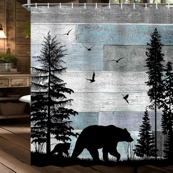 Rustic Cabin Shower Curtain, Farmhouse Country Bear Forest Vintage Wood Decor Bath Curtain, Hunting Camping Waterproof Fabric Bathroom Accessories Set with Hooks 72x72 Inches