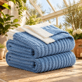 Ribbed Blue Throw Blanket For Couch Fiber Knit Stripe Throws Soft Fuzzy ...
