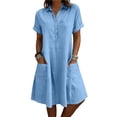 thumbnail image 2 of ClodeEU Women's Collar V Neck Short Sleeve A Line Midi Shirt Dress with Pockets,Casual Loose Dress Light Blue,Women's Plus L, 2 of 6