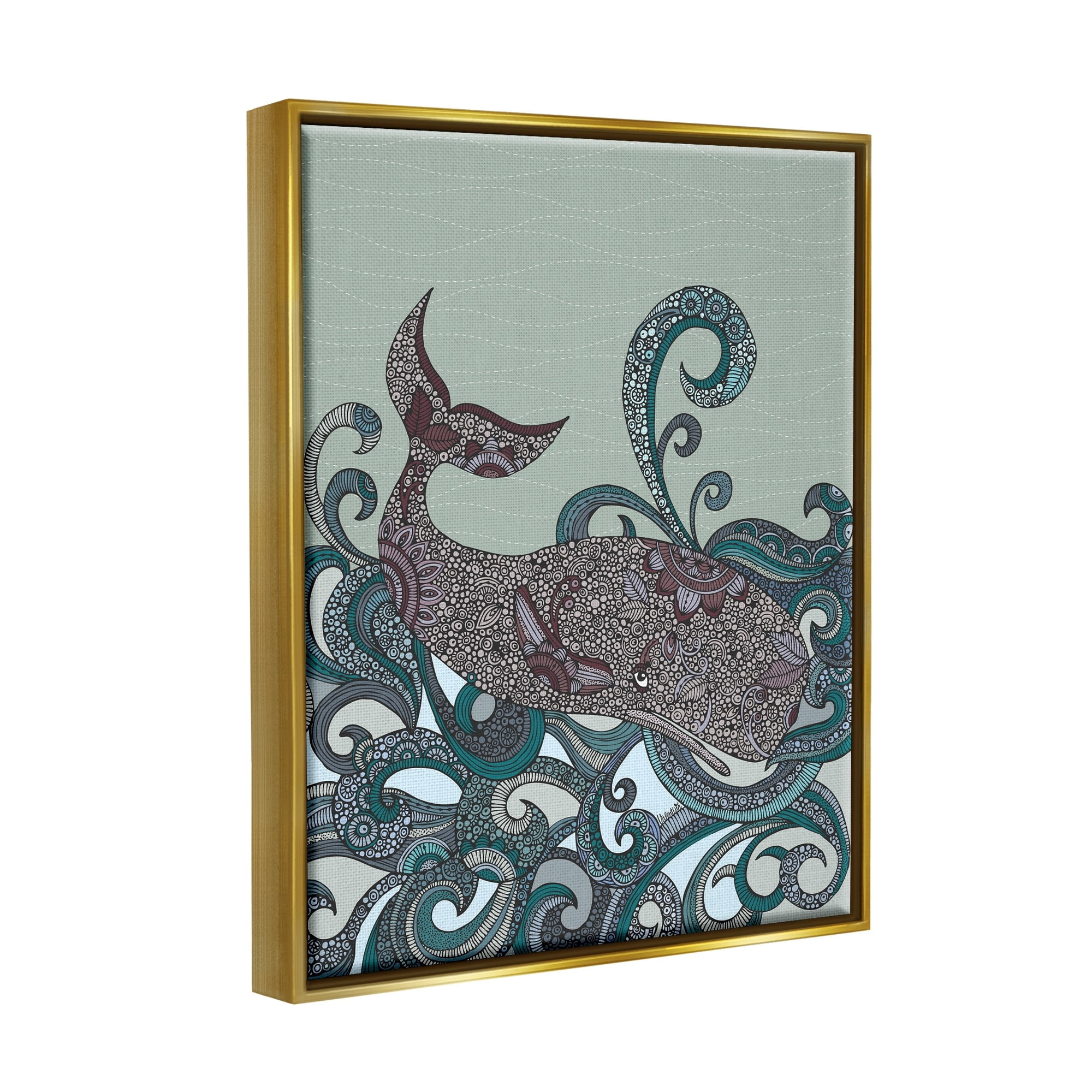 Stupell Industries Nautical Whale Surrounded Intricate Patterned Swirl Shapes Graphic Art Metallic Gold Floating Framed Canvas Print Wall Art, Design by Valentina Harper