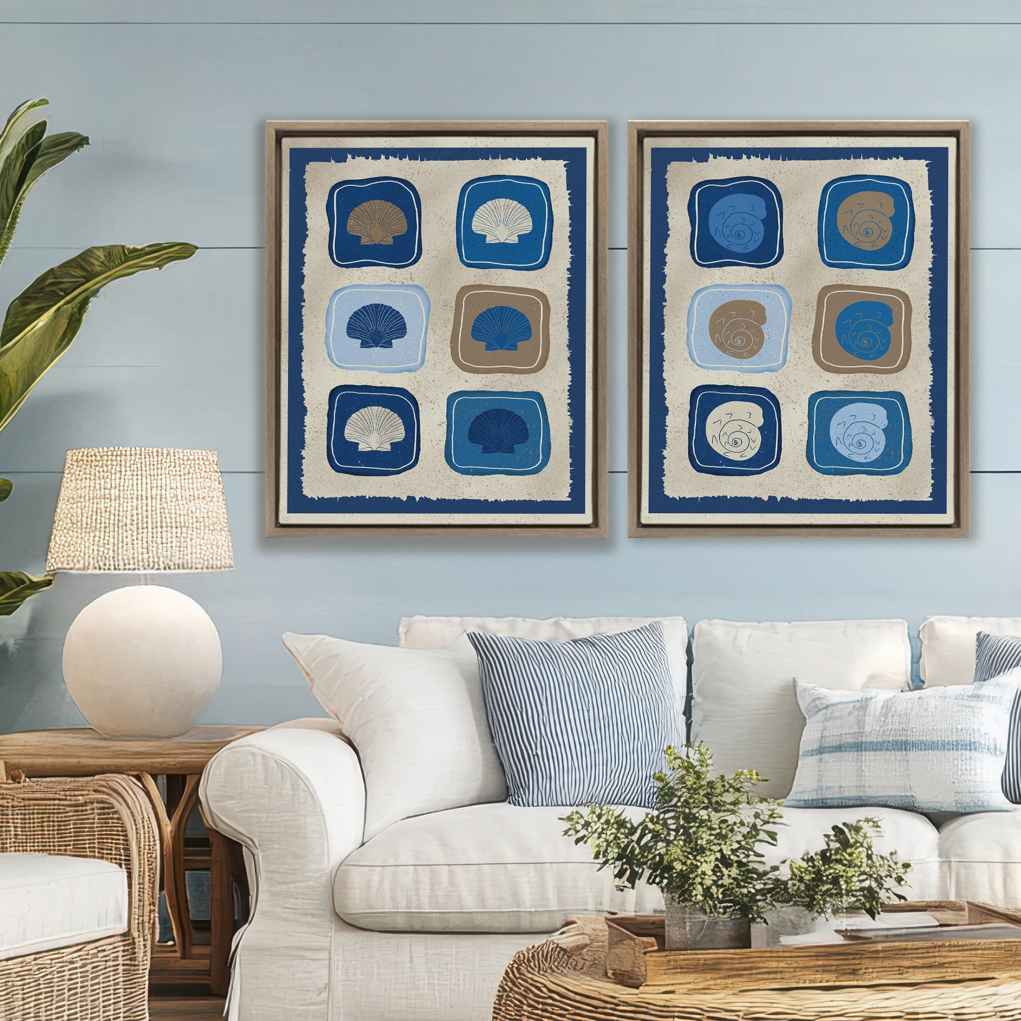 Stupell Industries Blue Blocked Seashells 2 Piece Brown Framed Floater Canvas Set, design by Julia Frost
