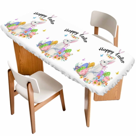 Easter Table Cloths for 8 Foot Rectangle Tables, Spring Watercolor Easter Eggs Bunny Flower Patio Waterproof Elastic Fitted Tablecloths, Washable Rectangular Table Cover for Camping