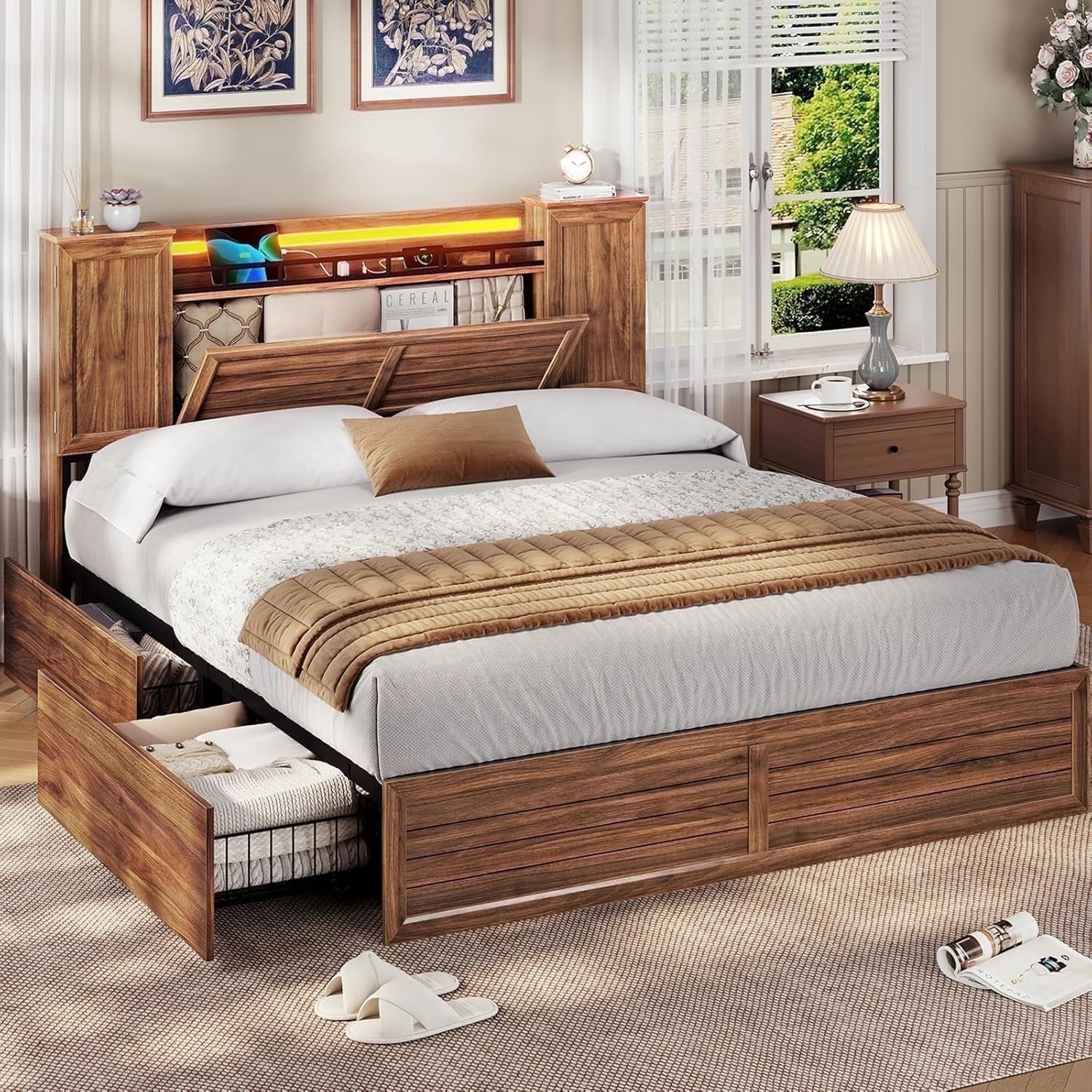AOGLLATI Queen Size Farmhouse Bed Frame with Barn Door Storage Headboard & 4 Drawers LED Rustic Brown Wood Platform Bed, No Box Spring Needed