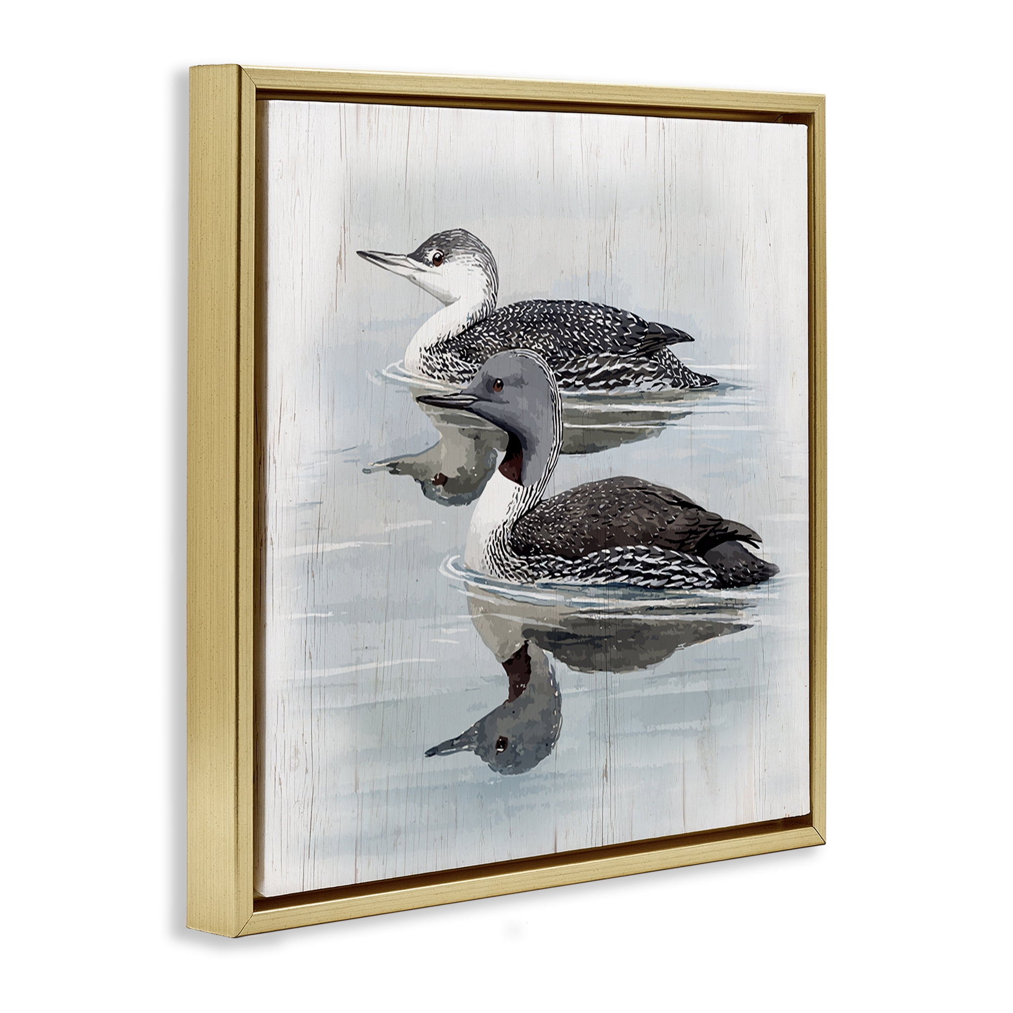 Stupell Industries Twin Loons in Water Animals Painting Gold Floater Framed Canvas Art Print Wall Art, 18 x 18