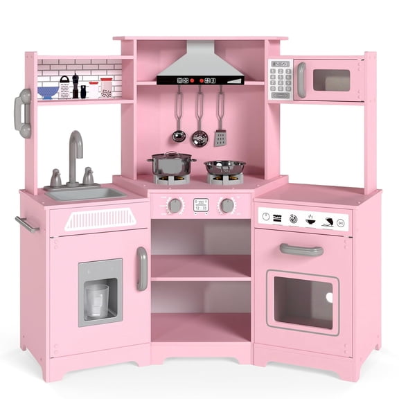 JOYLDIAS Kids Play Kitchen Set Corner Wooden Cooking Pretend Playset Toddler Toys Gift w/Microwave Oven,Water Dispenser, Phone, Sink,Utensils(Pink)