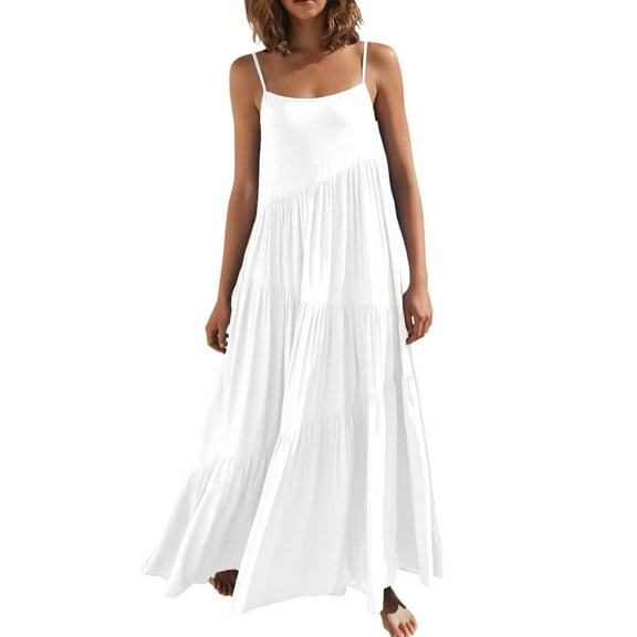 Maxi Dress for Women Spaghetti Strap Ruffle Tiered Sundresses Casual Loose Sleeveless Flowy Summer Beach Long Dress Ladies Clothes