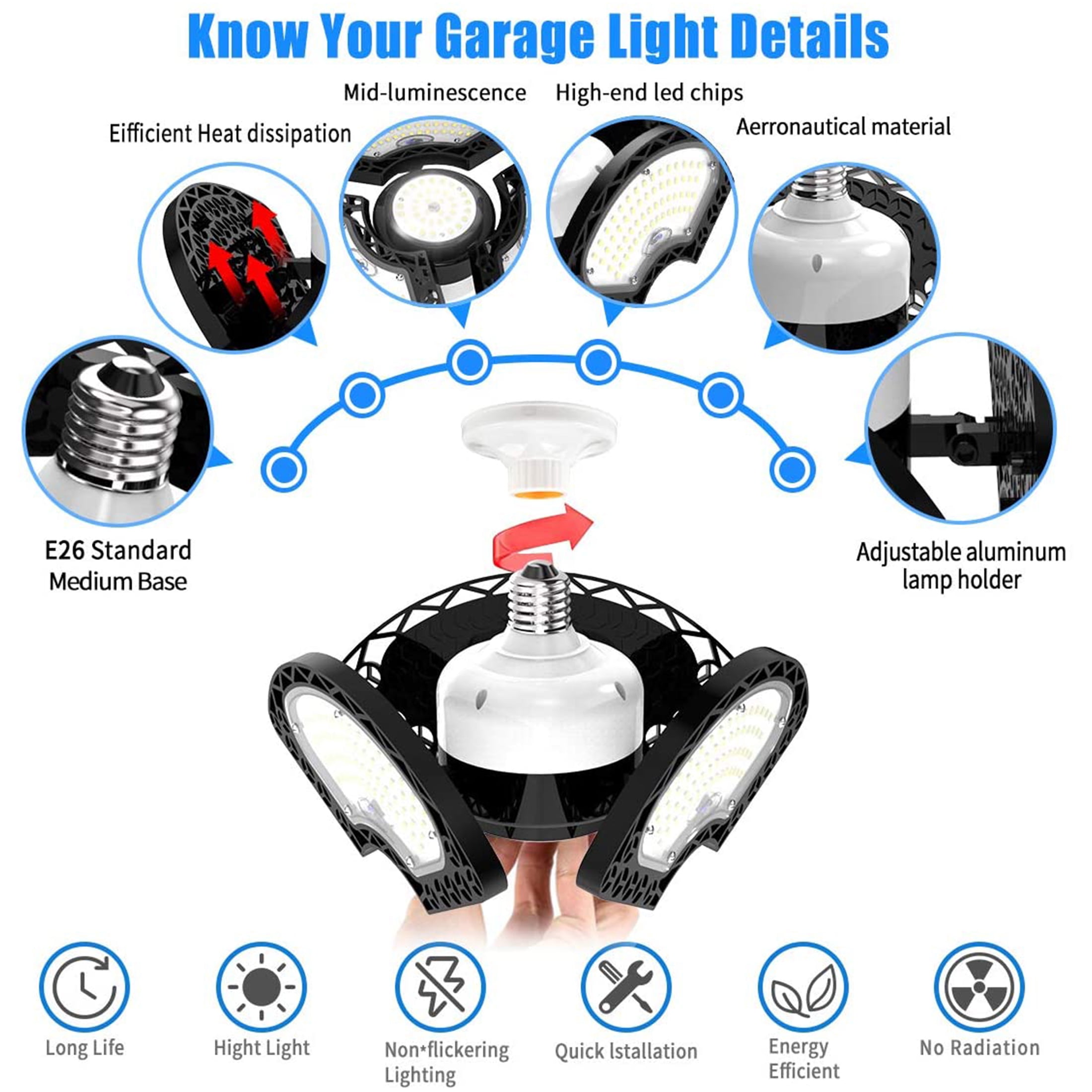 LED Garage Lights, 80W Deformable LED Garage Ceiling Lights 18000 Lumens Led Shop Lights for Garage, Garage Lights with 3 Adjustable Panels