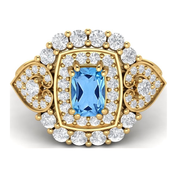6X4mm Cushion Shape Swiss Blue Topaz 925 Silver Yellow Plated Cocktail Women Valentines Day Gifts Ring