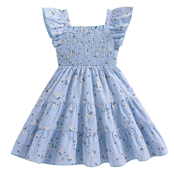 Kucnuzki 2T Toddler Girl Dress 3T Child Girls Summer Clothing Ruffle Sleeves Floral A-line Sundress Boho Dress Blue