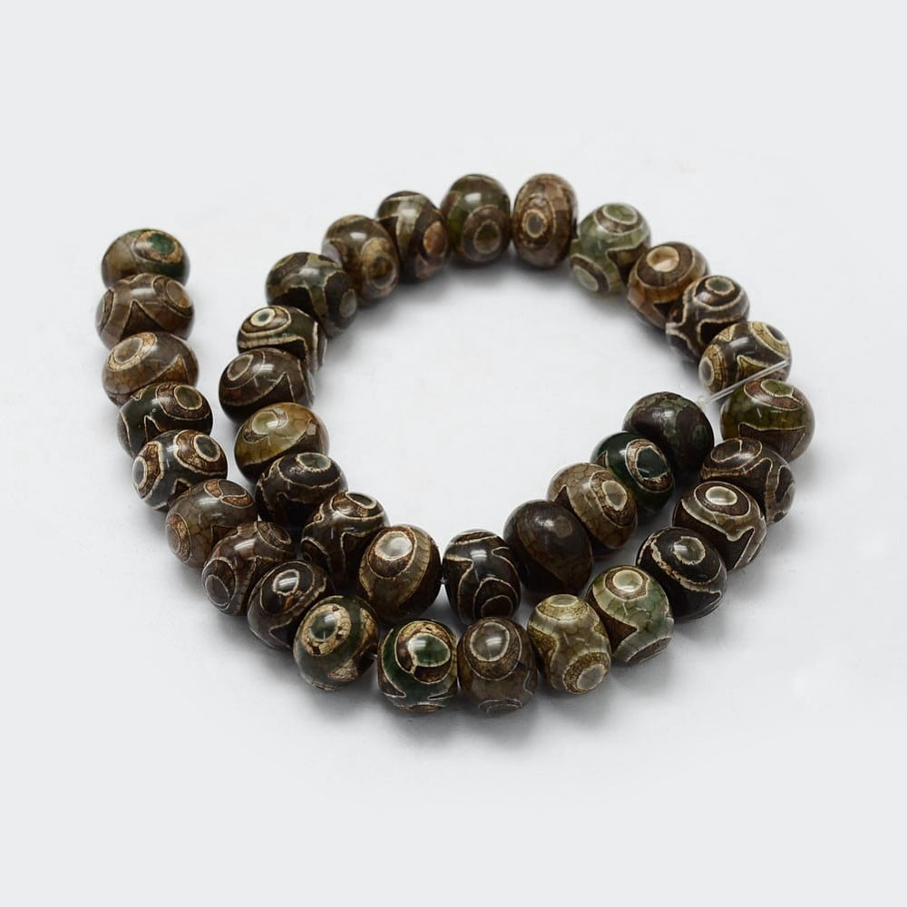 2 strand Tibetan style 3-Eye dZi Beads Strands Natural Agate Beads Dyed Heated Rondelle Dark Olive Green 14~14.5x9.5~10mm Hole: 2.5mm 37pcs/strand 14.2 inch(360mm)