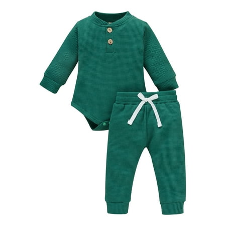 

Haite Baby Waffle Knit Solid Color Romper + Pants Casual Buttons 2Pcs Outfit Suit Photograph Stand Collar Long Sleeve Fall Outfits