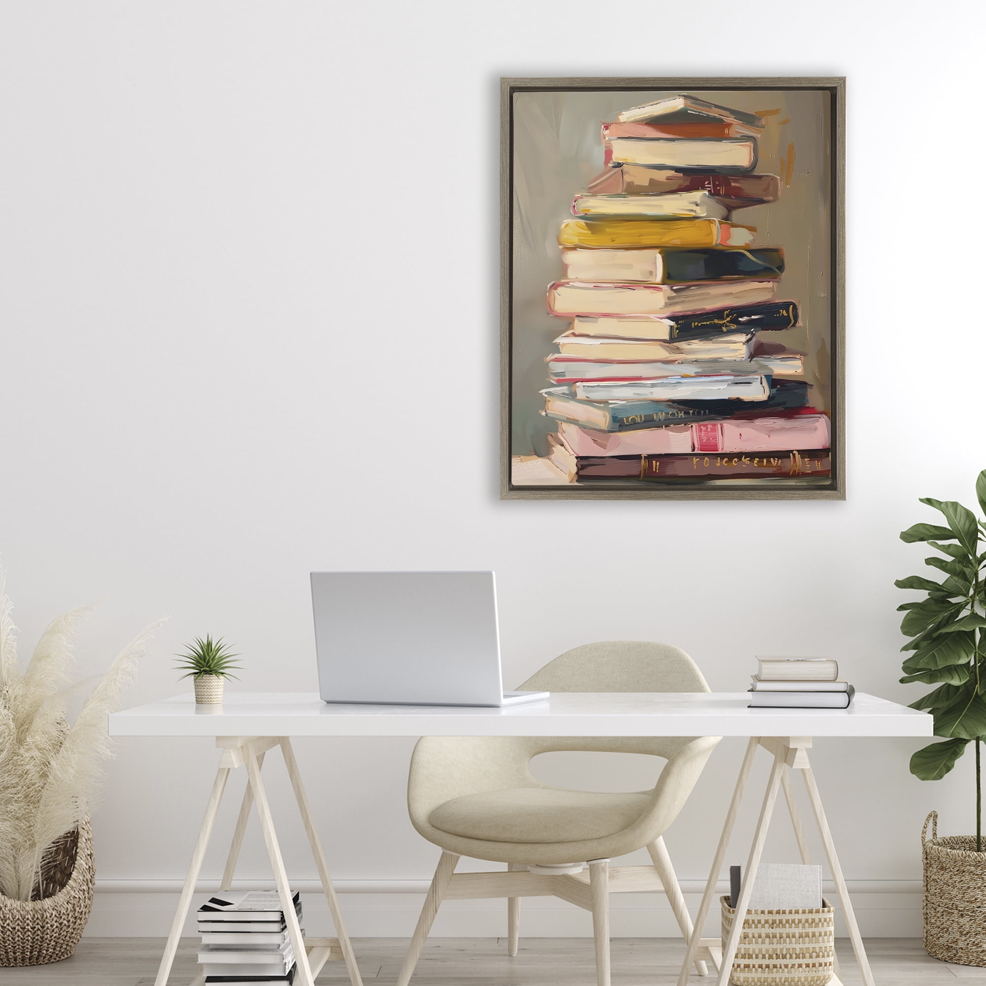 Stupell Industries Well Loved Bookstack Brown Framed Floater Canvas Wall Art, design by LSR Design Studio