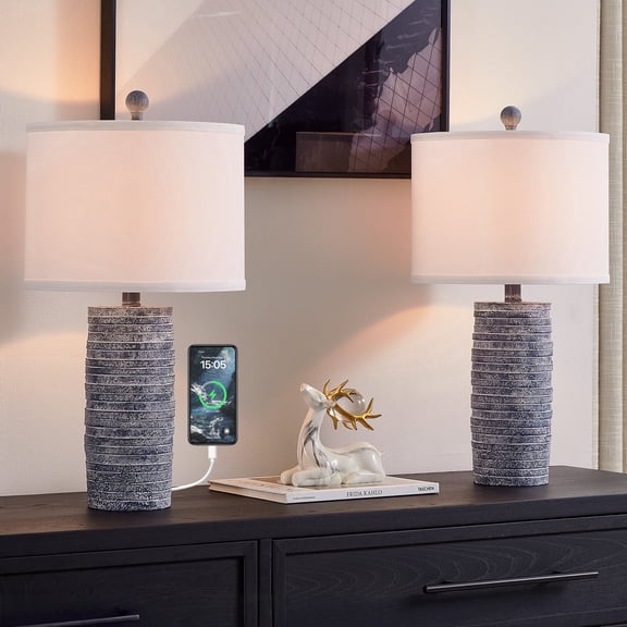 Maxax 22.6" Farmhouse Table Lamps set of 2,Blue Bedside Lamp with USB Ports, 3-Way Dimmable for Living Room, Bedroom