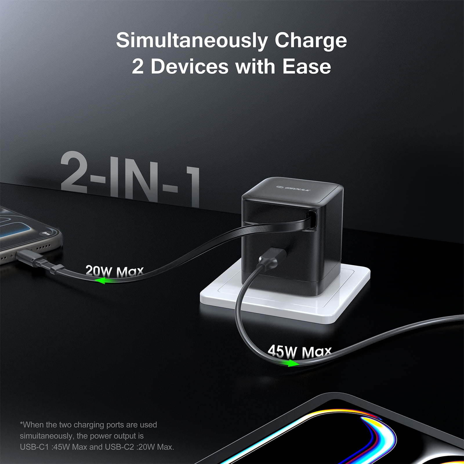 Esoulk 65W Dual USB-C PD 3.0 PPS Wall Charger with Retractable USB-C Cable for Laptops Smartphones