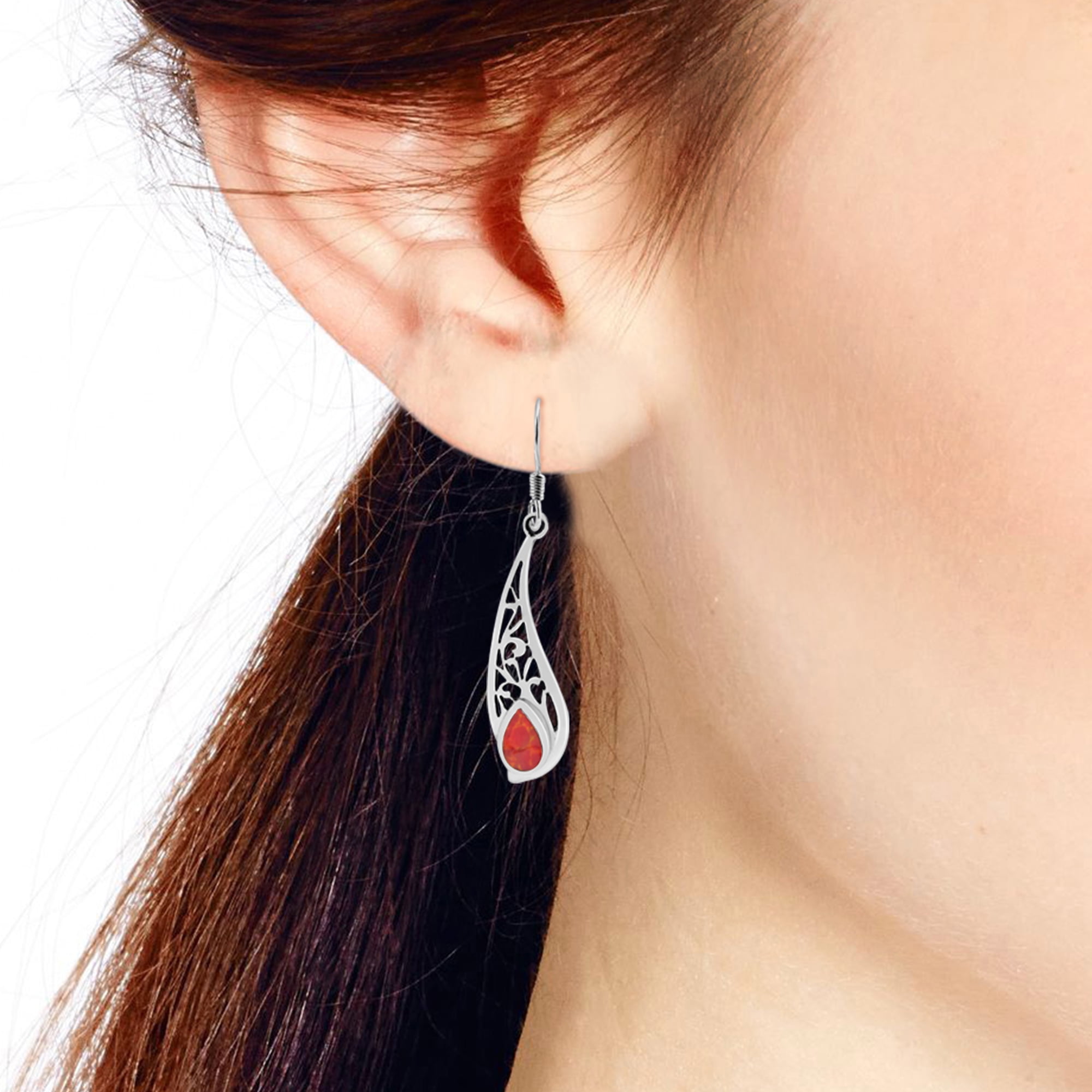 Stylized Filigree Teardrops Red Coral Inlay Sterling Silver Dangle Earrings