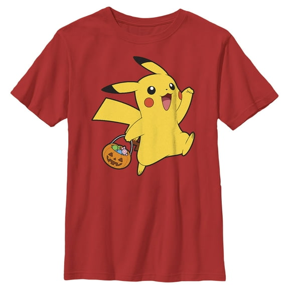 Boy's Pokemon Halloween Trick-or-Treating Pikachu Graphic Tee Red Small