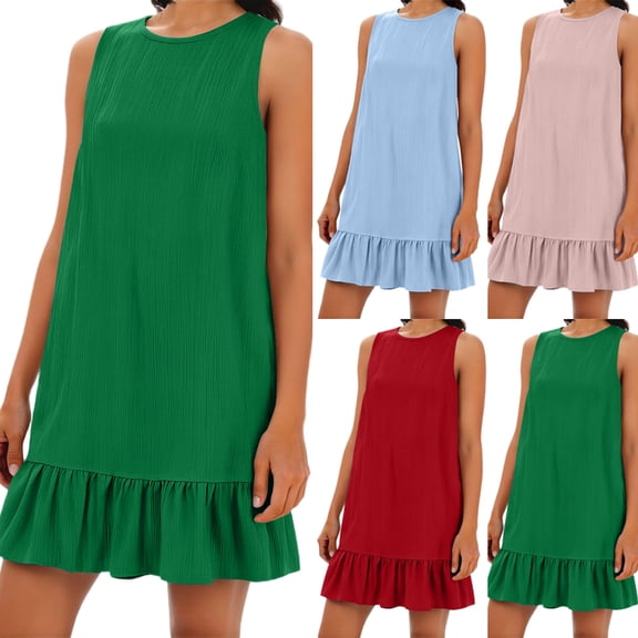 JoveMarine Cocktail Dresses for Women Color Vest Skirt - Ruffle Edge Sleeveless Flounce Hem Casual Summer Mini Dress with Cotton Blend,Green L