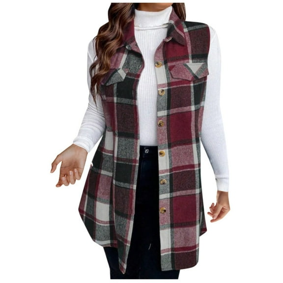 gcong Plaid Vest for Women, Button Down Sleeveless Shirts Lapel Flannel Shacket Fall Long Blazer Jacket Ladies Casual Outwear Loose Cardigan Winter Coats with Pockets