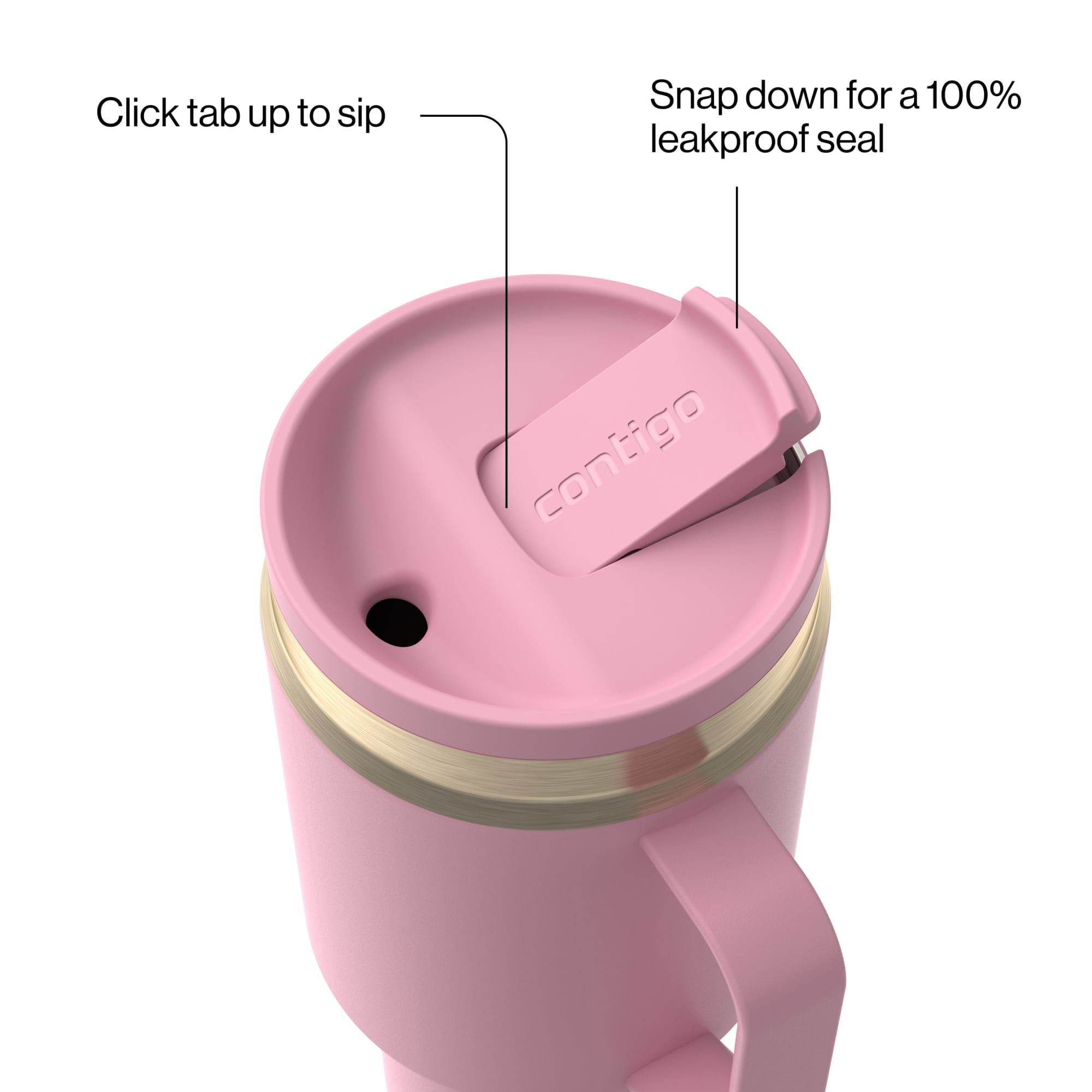 Contigo SnapSeal Leakproof Stainless Steel Reusable Water Bottle Tumbler with Side Handle, Pink/Champagne, 30 oz
