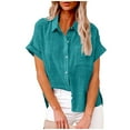 thumbnail image 2 of SROBPTY Womens Tops Plus Size, Summer Linen Shirts for Women, Womens Solid Button Shirts V Neck Loose Blouse Short Sleeve Casual Work Tunic with Pocket Blue M, 2 of 4