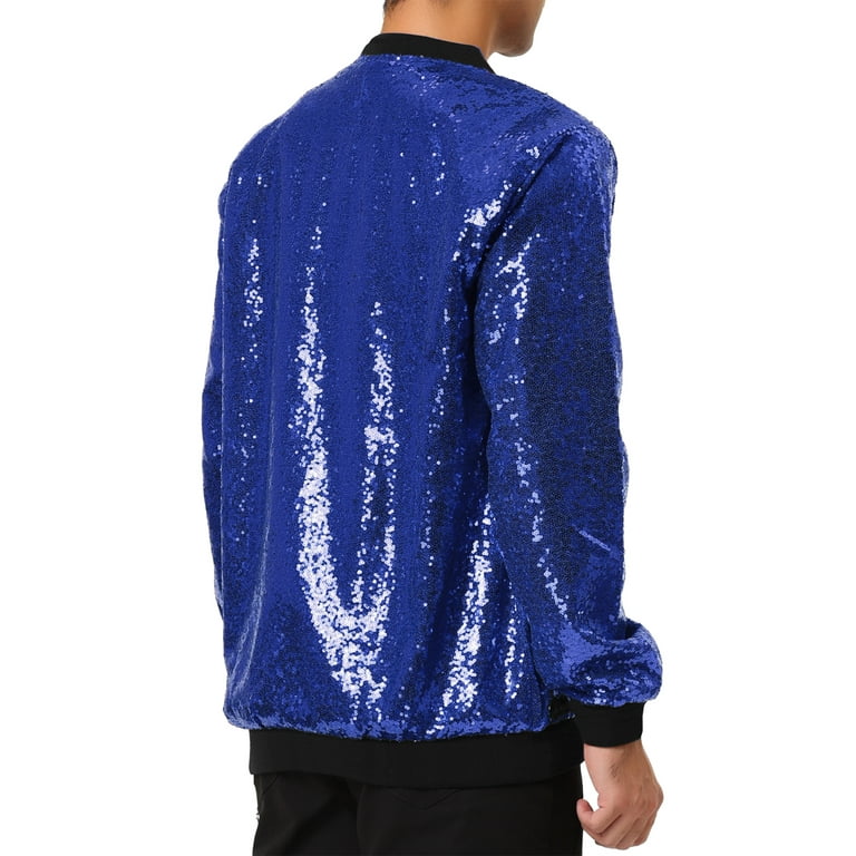 Men's blue sequin bomber jacket discount