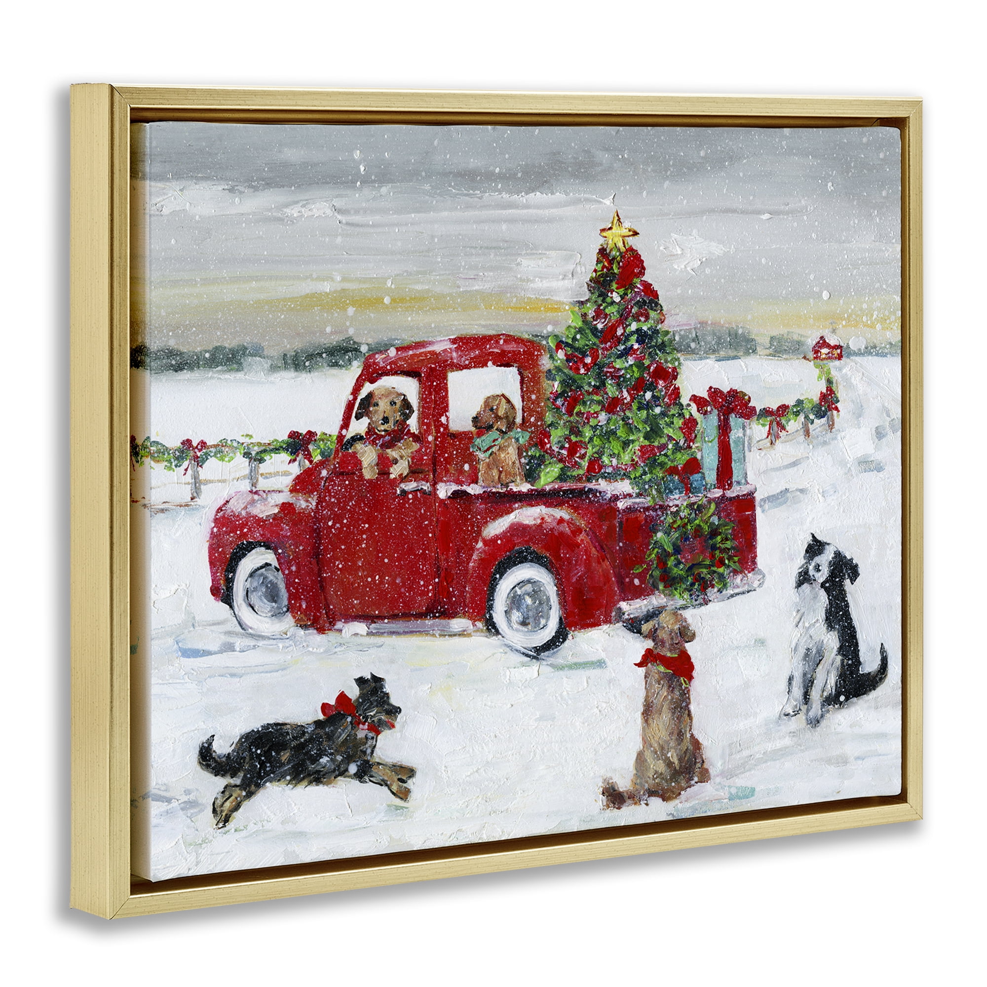 Stupell Industries Seasonal Truck with Dogs Holiday Painting Gold Floater Framed Canvas Art Prints Wall Art, 21 x 17