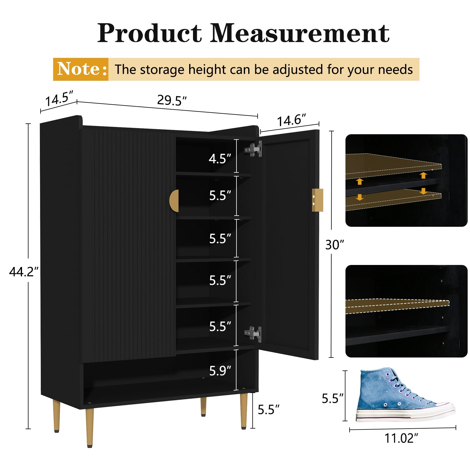 CBJCBJ 7-Tier Shoe Cabinet Storage with 2 Door and Adjustable Shelves Wood Shoes Rack for Entryway, Black