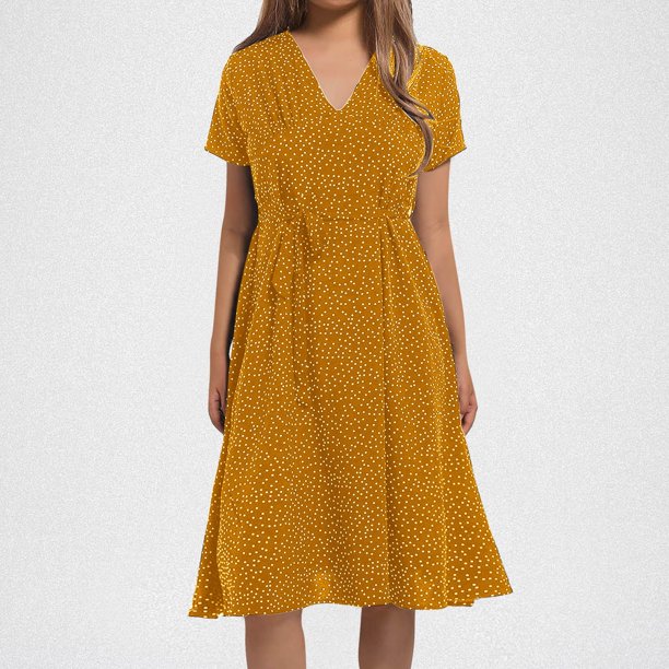 WILLBEST Vestidos para Mujer Verano Vestido Informal de Verano para Mujer Vestido de Cuello En V Vestido de Lunares de Color Liso Vestido de Manga Corta con Cordones y Lazo Chica