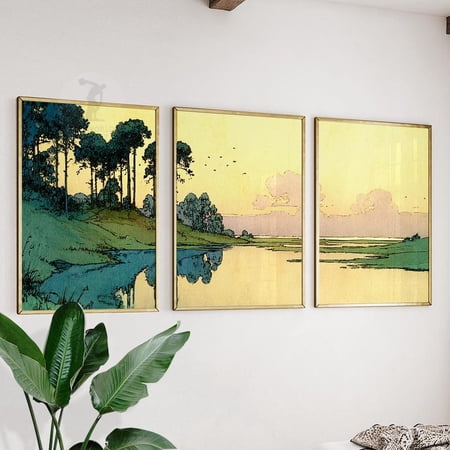 Golden River Sunset Trees Water Serene Modern Wall Art Print Set 3 Unframed Paper Print 8x12