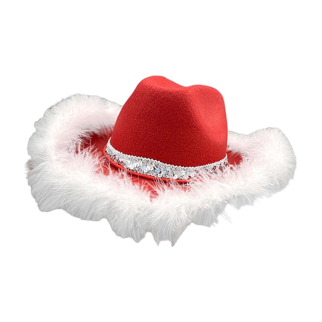 Sombrero de vaquera rojo para mujer, elegante para mujeres y adolescentes, sombrero de vaquero para Navidad. Pluma gruesa