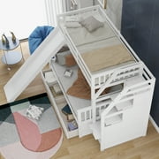 Euroco Wood Twin over Full Bunk Bed with 2 Drawers and Slide, Storage Staircase for Bedroom, White
