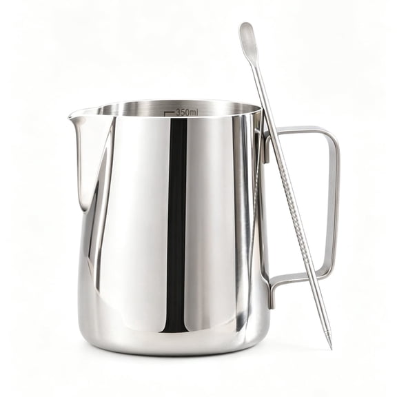 Stainless Steel Milk Frothing Pitcher, Coffee Cup 12 oz with Latte Art Pen, Silver
