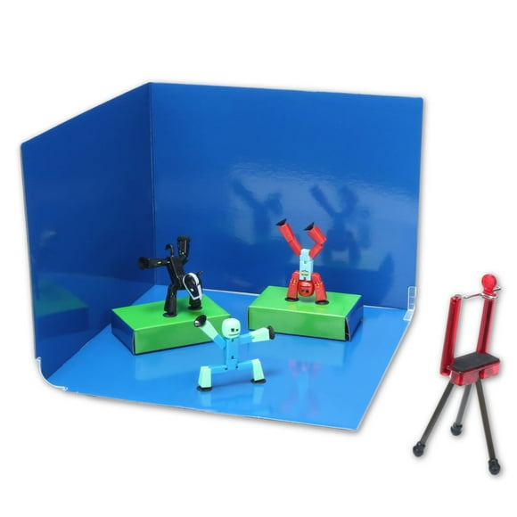 Zing Stikbot Zanimation What The Bot Figurines d'Action Spéciales Stikbot et Ensemble d'Animation, Inclut 3 Stikbots, 1 Trépied de Téléphone Mobile et un Étage 2-en-1, Animation Stop Motion, Idéal pour Ki