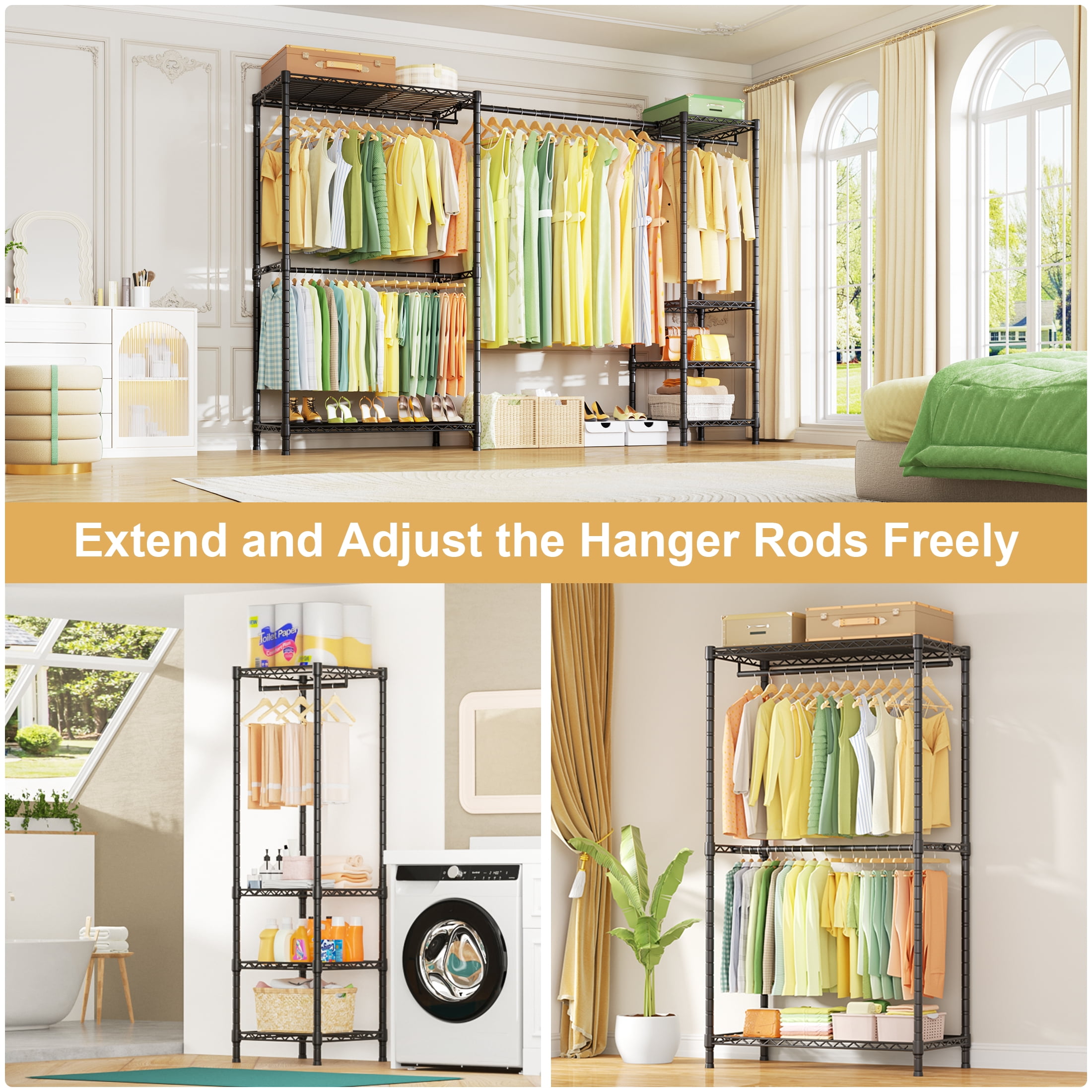 Ulif E10 Heavy Duty Closet Organizer for Bedroom & Laundry Room - Adjustable Clothes Rack with 800lbs Capacity, Freestanding Garment Rack (73-97"W, Black)