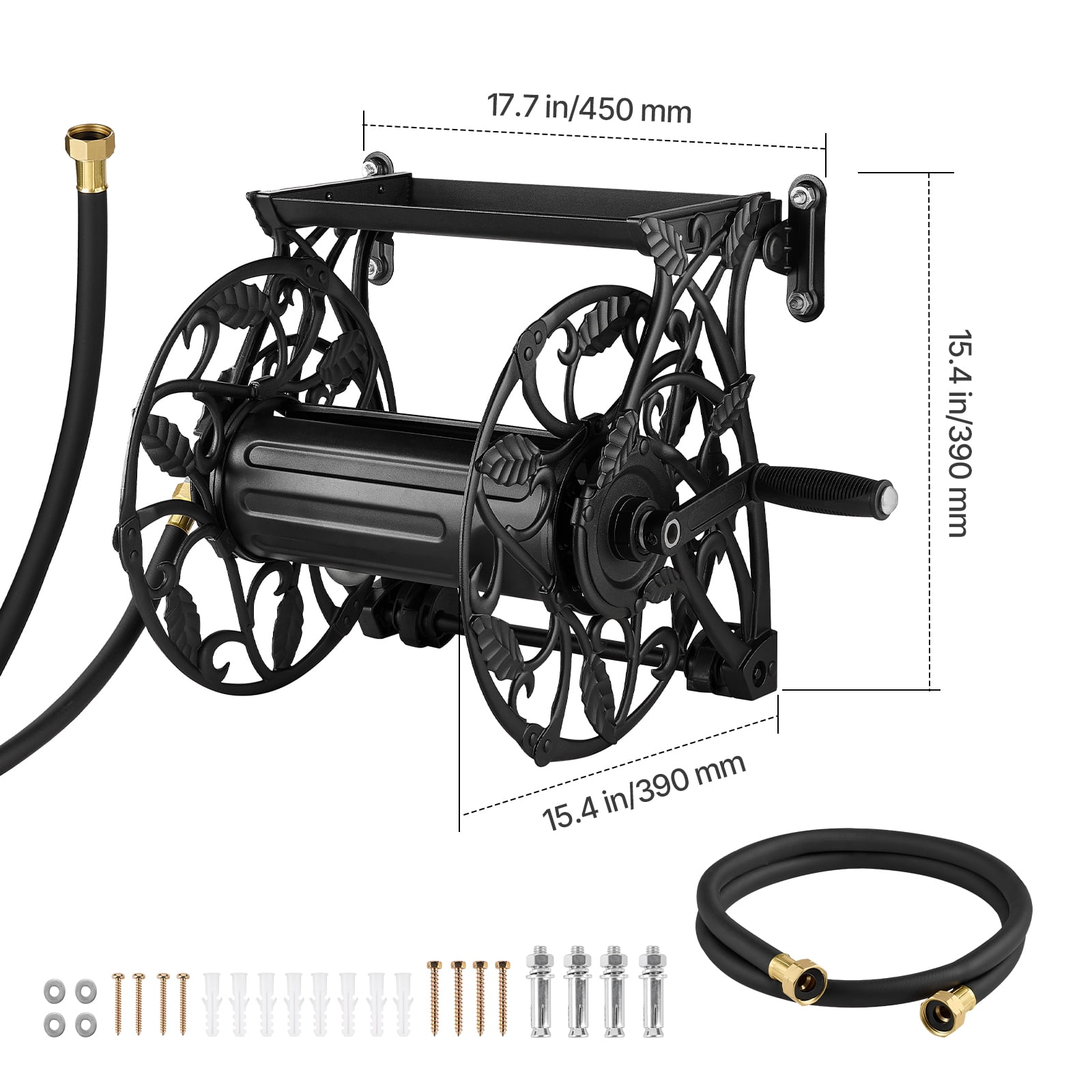 KFFKFF Wall-Mounted Garden Hose Reel, Fits 135 Feet of 5/8-inch Hose, Durable Outdoor Water Hose Holder with Expanded Top Tray, Aluminum Alloy Connector, Decorative Design, Ideal for Backyards