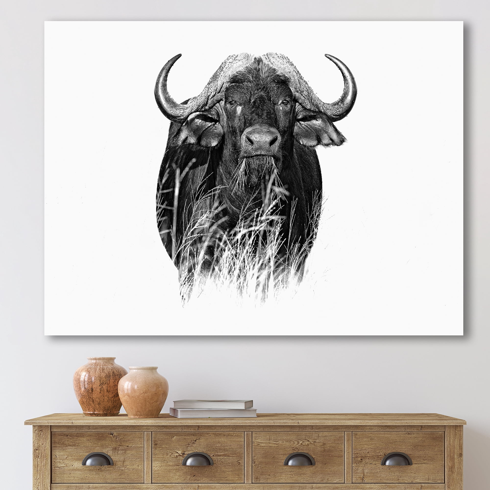 Designart ' Black and White Portrait Of Buffalo IV ' Farmhouse Canvas Wall Art Print